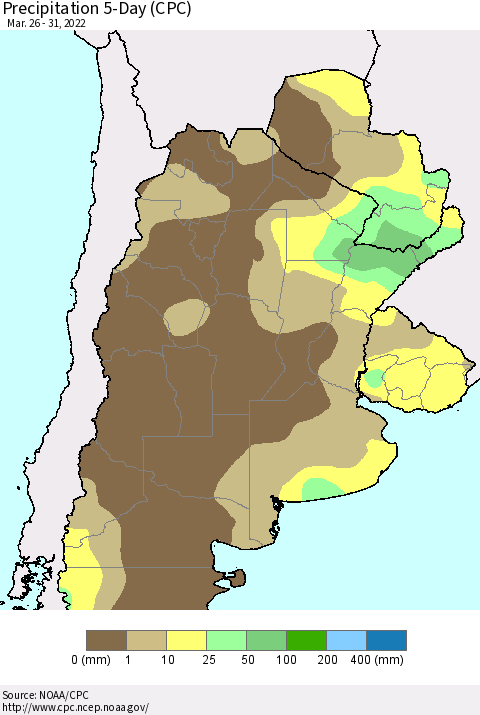 Southern South America Precipitation 5-Day (CPC) Thematic Map For 3/26/2022 - 3/31/2022