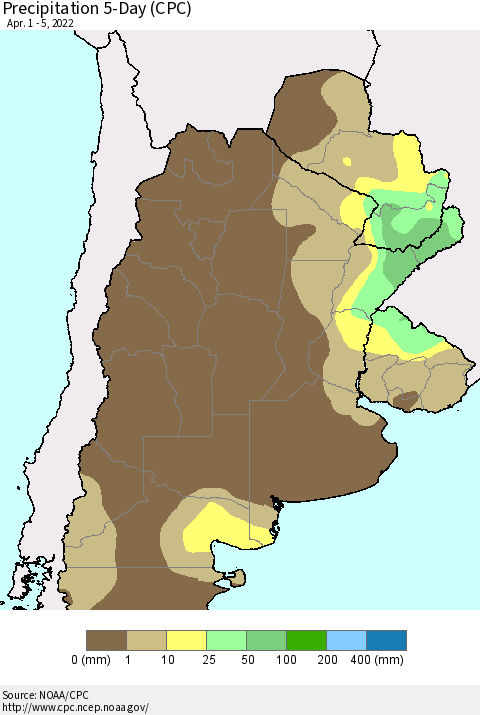 Southern South America Precipitation 5-Day (CPC) Thematic Map For 4/1/2022 - 4/5/2022