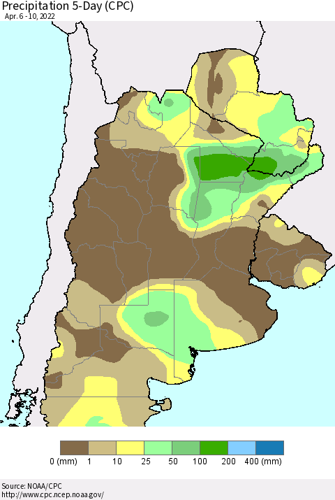 Southern South America Precipitation 5-Day (CPC) Thematic Map For 4/6/2022 - 4/10/2022