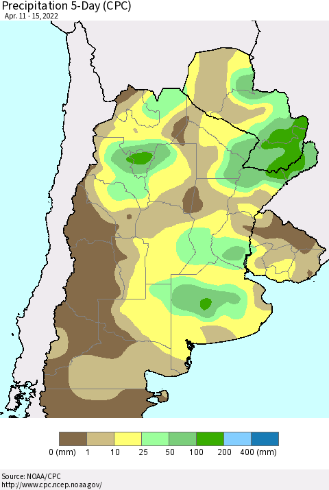 Southern South America Precipitation 5-Day (CPC) Thematic Map For 4/11/2022 - 4/15/2022