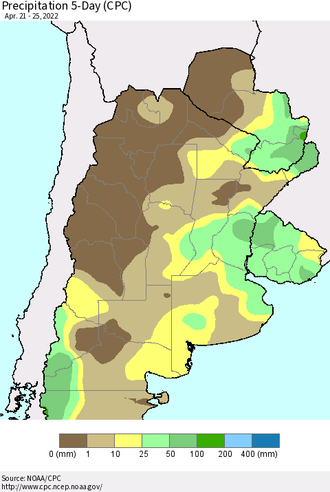 Southern South America Precipitation 5-Day (CPC) Thematic Map For 4/21/2022 - 4/25/2022