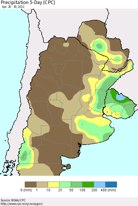Southern South America Precipitation 5-Day (CPC) Thematic Map For 4/26/2022 - 4/30/2022