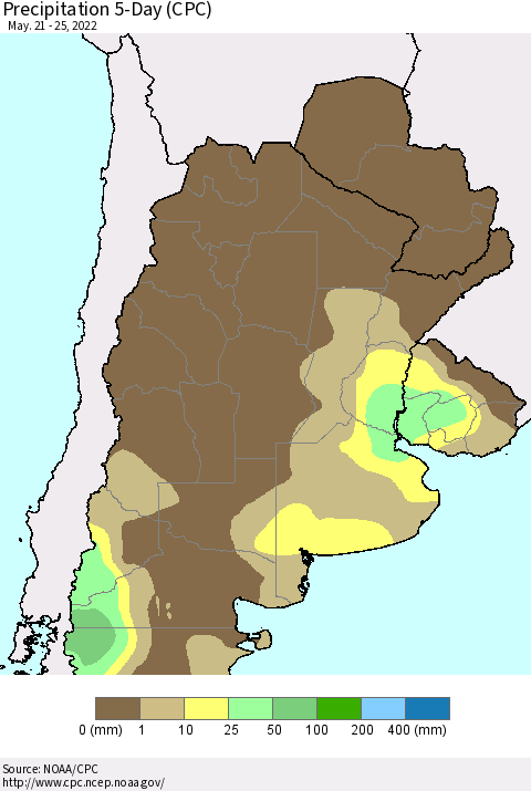 Southern South America Precipitation 5-Day (CPC) Thematic Map For 5/21/2022 - 5/25/2022