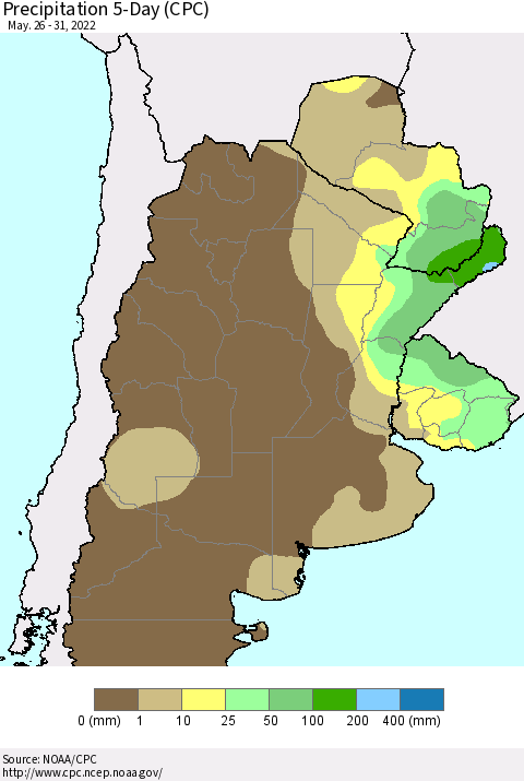 Southern South America Precipitation 5-Day (CPC) Thematic Map For 5/26/2022 - 5/31/2022