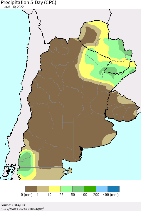 Southern South America Precipitation 5-Day (CPC) Thematic Map For 6/6/2022 - 6/10/2022