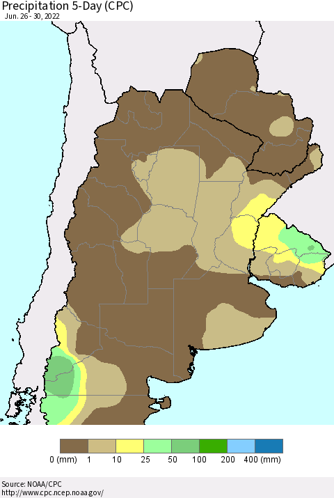 Southern South America Precipitation 5-Day (CPC) Thematic Map For 6/26/2022 - 6/30/2022