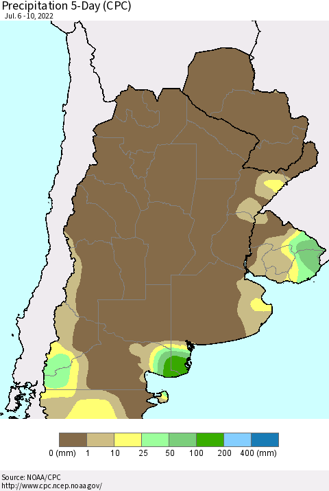 Southern South America Precipitation 5-Day (CPC) Thematic Map For 7/6/2022 - 7/10/2022