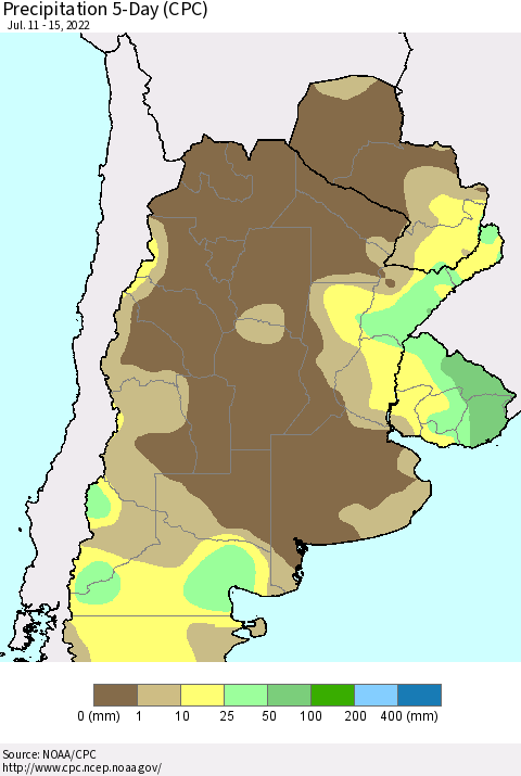 Southern South America Precipitation 5-Day (CPC) Thematic Map For 7/11/2022 - 7/15/2022