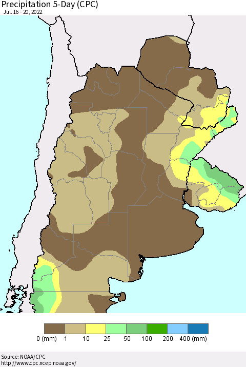 Southern South America Precipitation 5-Day (CPC) Thematic Map For 7/16/2022 - 7/20/2022