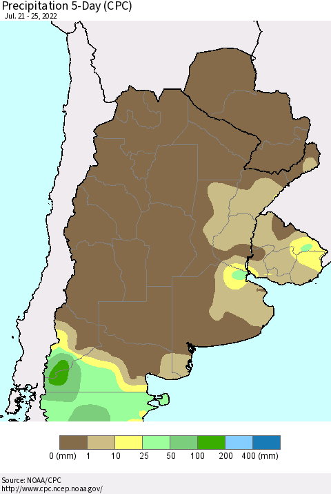 Southern South America Precipitation 5-Day (CPC) Thematic Map For 7/21/2022 - 7/25/2022