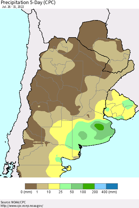 Southern South America Precipitation 5-Day (CPC) Thematic Map For 7/26/2022 - 7/31/2022