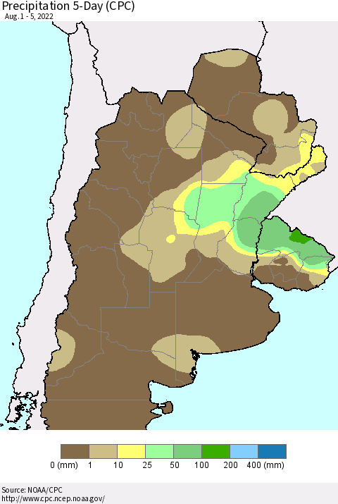 Southern South America Precipitation 5-Day (CPC) Thematic Map For 8/1/2022 - 8/5/2022