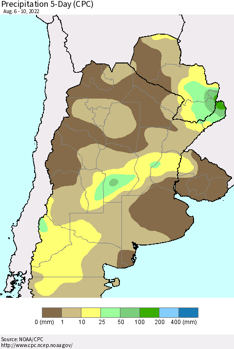 Southern South America Precipitation 5-Day (CPC) Thematic Map For 8/6/2022 - 8/10/2022