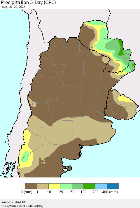 Southern South America Precipitation 5-Day (CPC) Thematic Map For 8/16/2022 - 8/20/2022