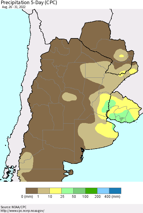 Southern South America Precipitation 5-Day (CPC) Thematic Map For 8/26/2022 - 8/31/2022