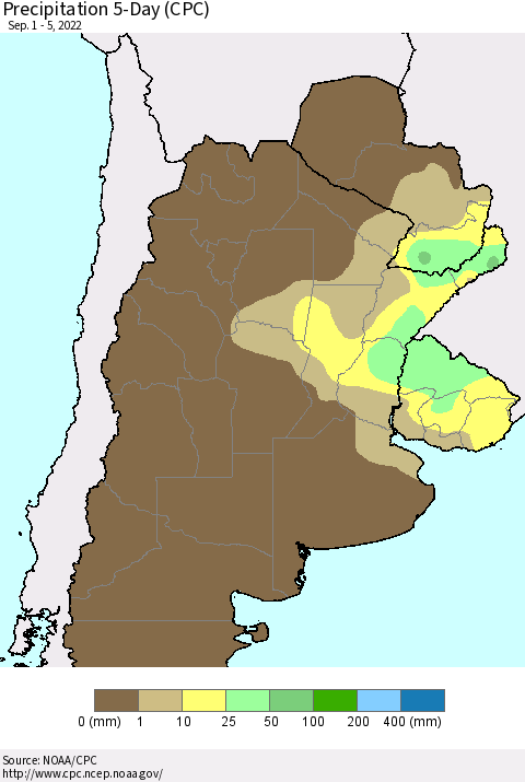Southern South America Precipitation 5-Day (CPC) Thematic Map For 9/1/2022 - 9/5/2022