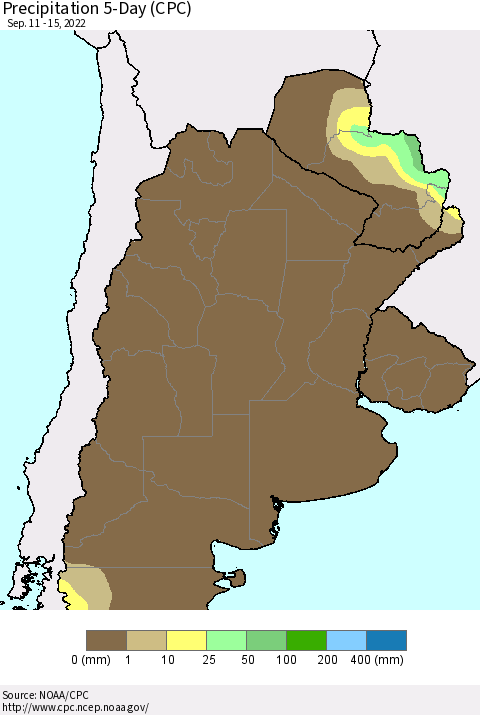 Southern South America Precipitation 5-Day (CPC) Thematic Map For 9/11/2022 - 9/15/2022