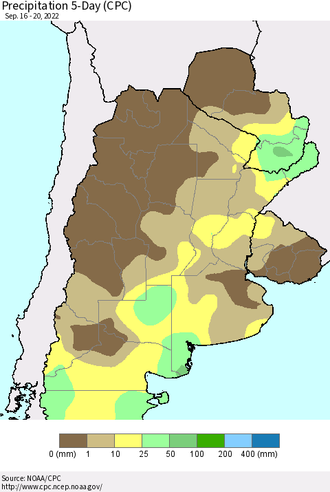 Southern South America Precipitation 5-Day (CPC) Thematic Map For 9/16/2022 - 9/20/2022