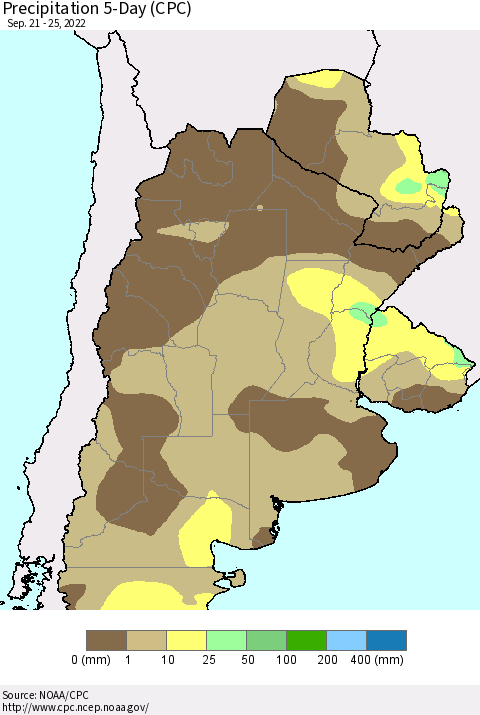 Southern South America Precipitation 5-Day (CPC) Thematic Map For 9/21/2022 - 9/25/2022