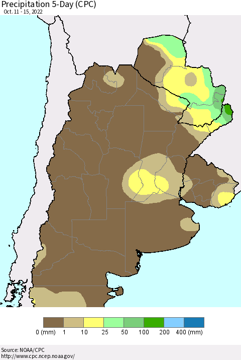 Southern South America Precipitation 5-Day (CPC) Thematic Map For 10/11/2022 - 10/15/2022