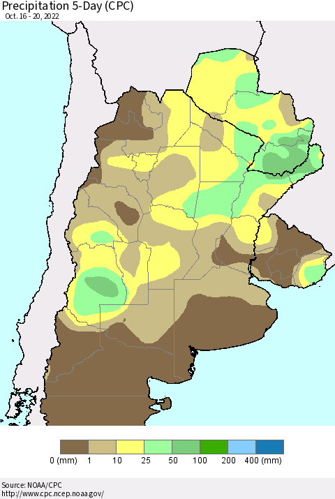 Southern South America Precipitation 5-Day (CPC) Thematic Map For 10/16/2022 - 10/20/2022