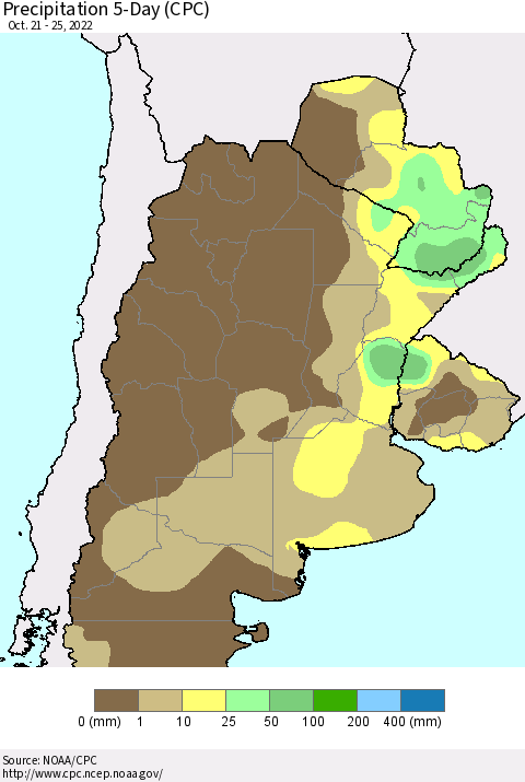 Southern South America Precipitation 5-Day (CPC) Thematic Map For 10/21/2022 - 10/25/2022