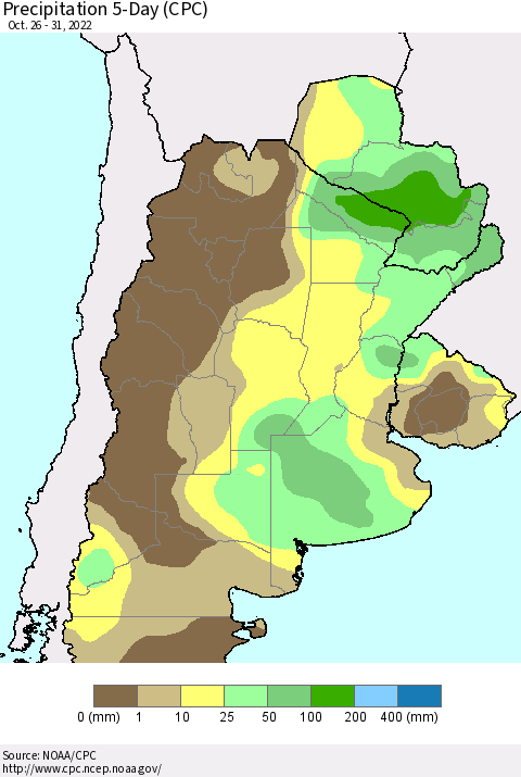 Southern South America Precipitation 5-Day (CPC) Thematic Map For 10/26/2022 - 10/31/2022