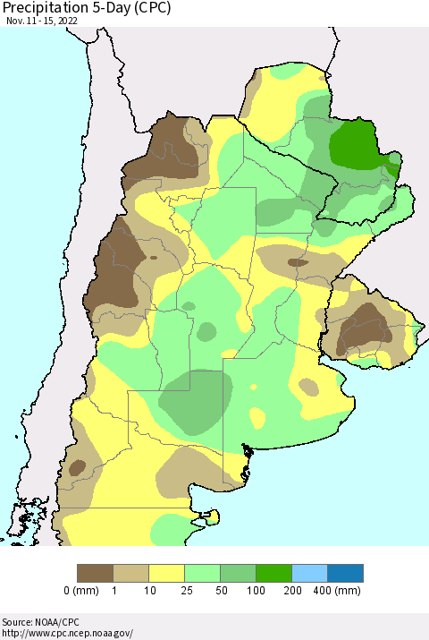 Southern South America Precipitation 5-Day (CPC) Thematic Map For 11/11/2022 - 11/15/2022