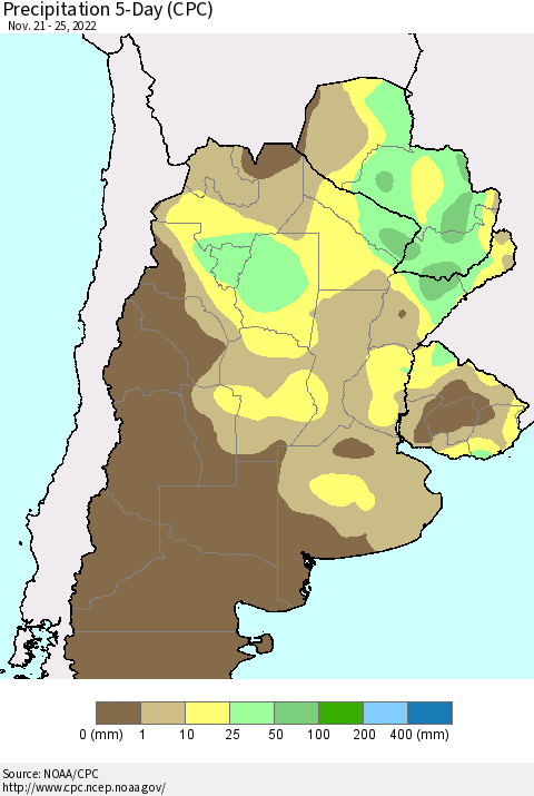 Southern South America Precipitation 5-Day (CPC) Thematic Map For 11/21/2022 - 11/25/2022