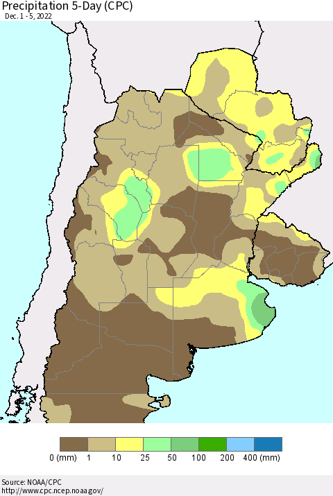 Southern South America Precipitation 5-Day (CPC) Thematic Map For 12/1/2022 - 12/5/2022