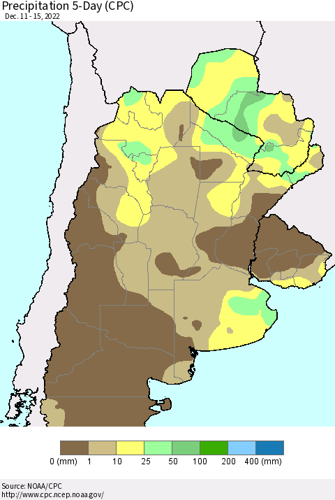 Southern South America Precipitation 5-Day (CPC) Thematic Map For 12/11/2022 - 12/15/2022