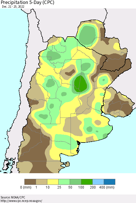 Southern South America Precipitation 5-Day (CPC) Thematic Map For 12/21/2022 - 12/25/2022