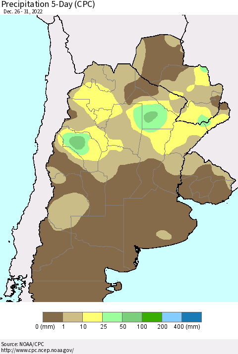 Southern South America Precipitation 5-Day (CPC) Thematic Map For 12/26/2022 - 12/31/2022