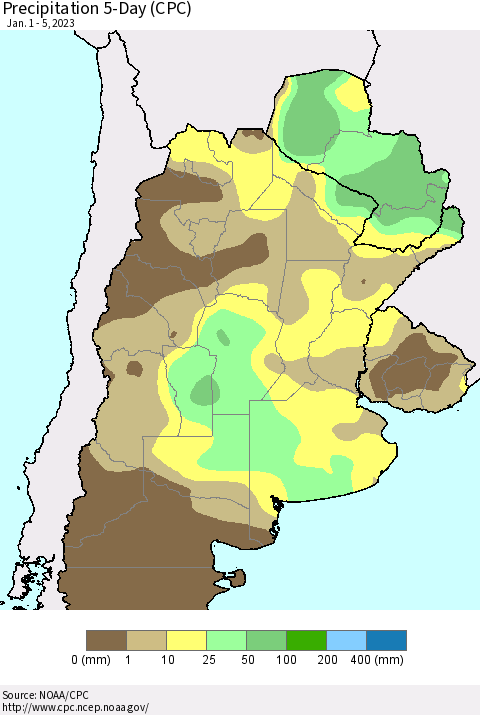 Southern South America Precipitation 5-Day (CPC) Thematic Map For 1/1/2023 - 1/5/2023