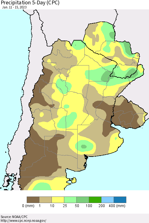 Southern South America Precipitation 5-Day (CPC) Thematic Map For 1/11/2023 - 1/15/2023