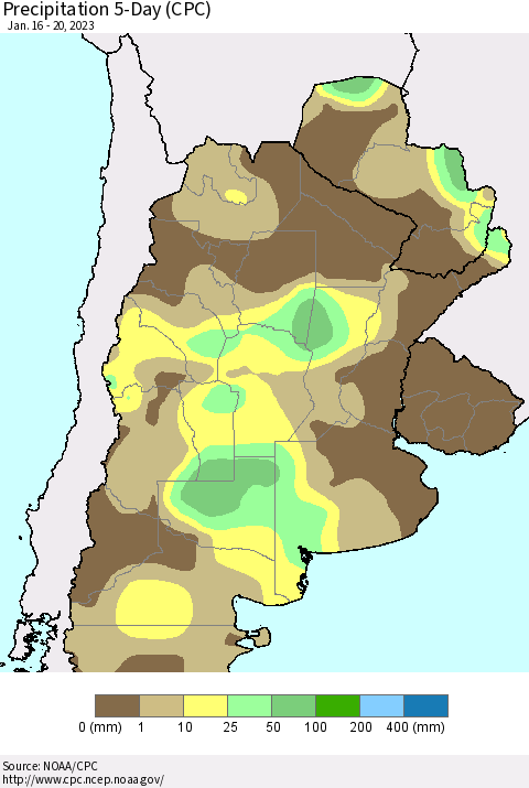 Southern South America Precipitation 5-Day (CPC) Thematic Map For 1/16/2023 - 1/20/2023