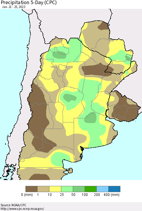 Southern South America Precipitation 5-Day (CPC) Thematic Map For 1/21/2023 - 1/25/2023