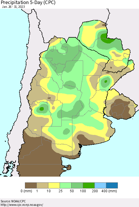 Southern South America Precipitation 5-Day (CPC) Thematic Map For 1/26/2023 - 1/31/2023