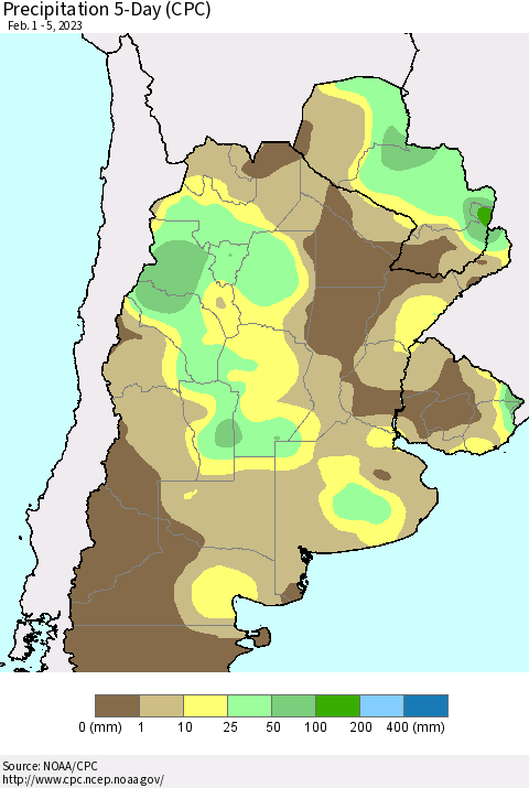Southern South America Precipitation 5-Day (CPC) Thematic Map For 2/1/2023 - 2/5/2023