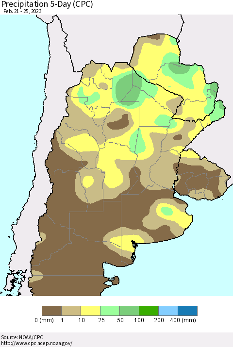 Southern South America Precipitation 5-Day (CPC) Thematic Map For 2/21/2023 - 2/25/2023