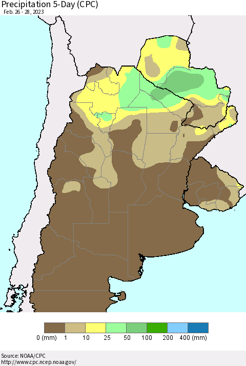 Southern South America Precipitation 5-Day (CPC) Thematic Map For 2/26/2023 - 2/28/2023