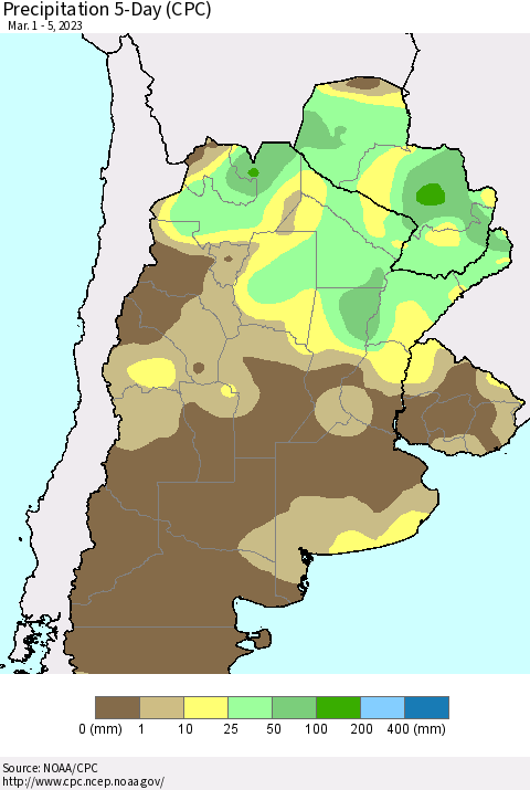 Southern South America Precipitation 5-Day (CPC) Thematic Map For 3/1/2023 - 3/5/2023