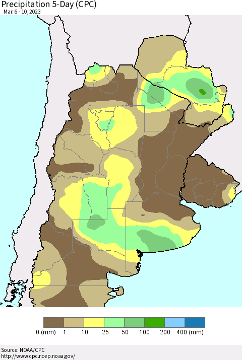 Southern South America Precipitation 5-Day (CPC) Thematic Map For 3/6/2023 - 3/10/2023