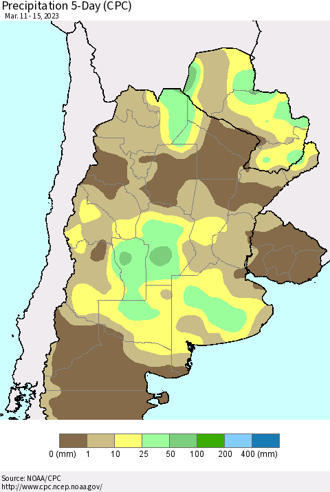 Southern South America Precipitation 5-Day (CPC) Thematic Map For 3/11/2023 - 3/15/2023