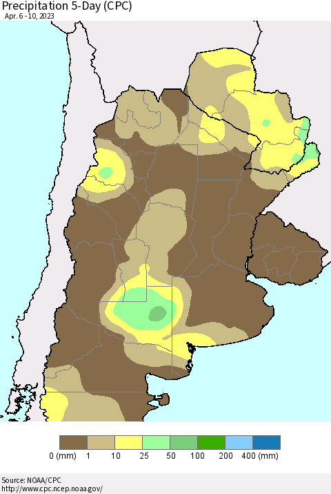 Southern South America Precipitation 5-Day (CPC) Thematic Map For 4/6/2023 - 4/10/2023