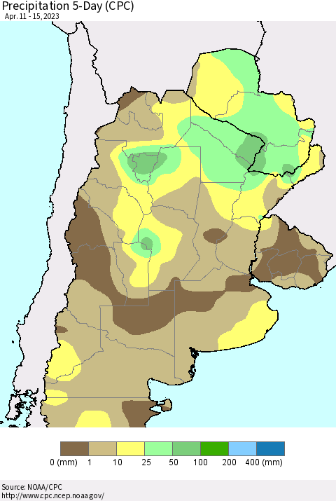 Southern South America Precipitation 5-Day (CPC) Thematic Map For 4/11/2023 - 4/15/2023