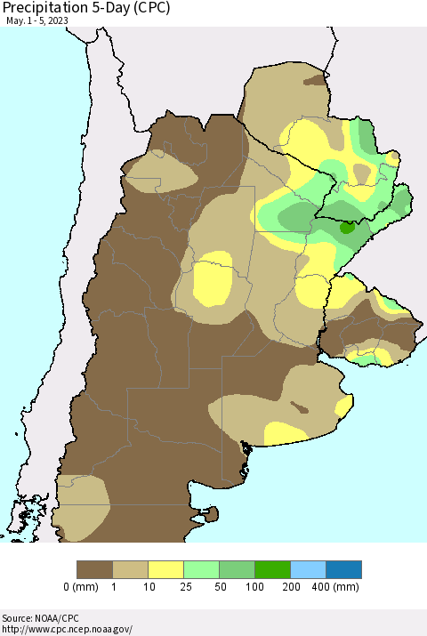 Southern South America Precipitation 5-Day (CPC) Thematic Map For 5/1/2023 - 5/5/2023