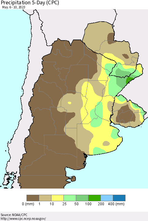 Southern South America Precipitation 5-Day (CPC) Thematic Map For 5/6/2023 - 5/10/2023