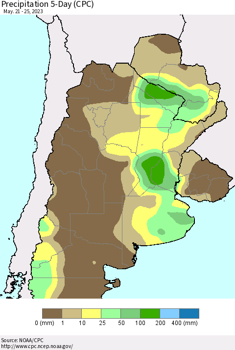 Southern South America Precipitation 5-Day (CPC) Thematic Map For 5/21/2023 - 5/25/2023