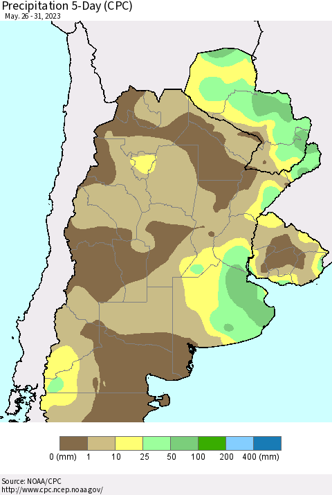 Southern South America Precipitation 5-Day (CPC) Thematic Map For 5/26/2023 - 5/31/2023
